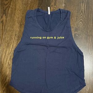 Fabletics Navy Tank with Yellow 'running on gym & juice' Text